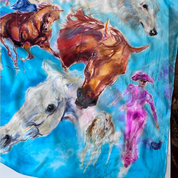 Silk Scarf Hand Made Art To Wear Signed 35 By 69 Inches Horses Dog Victorian - Picture 3 of 14